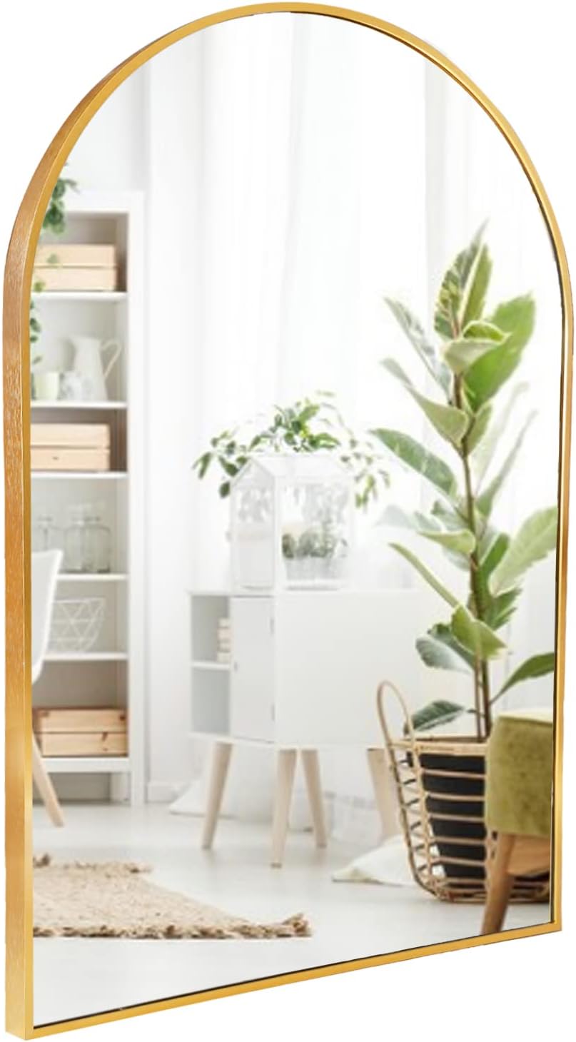 Amgngala Arched Gold Mirror, 24"x36" Bathroom Wall Mounted Mirror, Gold Vanity Mirror with Metal Frame, Arc