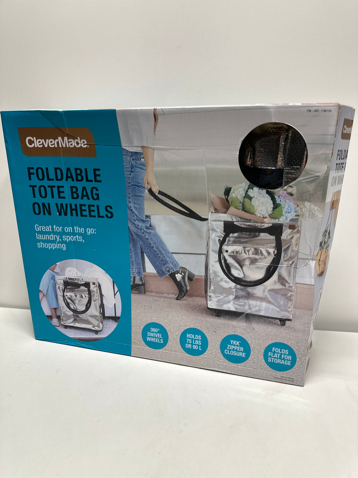 CleverMade Foldable Tote Bag on Wheels, 14Lx18Wx24H Soft Grip