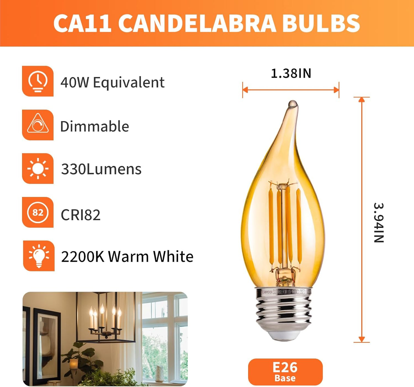 ALAMPEVER LED Chandelier Light Bulbs 60 Watt, Dimmable CA11 Candelabra LED Light Bulb, E26 Led Bulbs 2200K Warm White, Amber Glass, 10 Pack 330LM