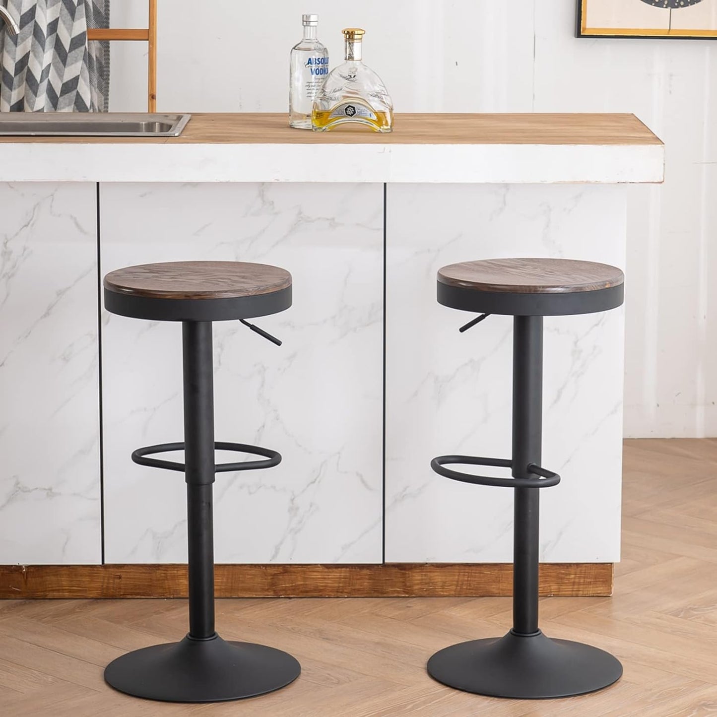 YOUTASTE Walnut Black Bar Stools Set of 2 Wood Rustic Breakfast Adjustable Counter Height Bar Stool Metal Swivel High Top Bar Chairs Kitchen Island Stool