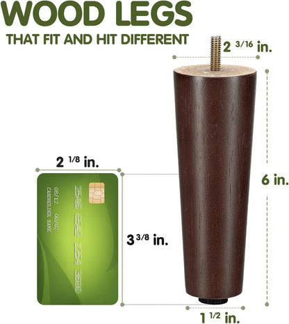 es4All 6-Inch Round Wooden Furniture Legs Set of 4, Adjustable Replacement Feet for Couch, Bed, Dresser, and Ottomans, Tapered Legs with Levelers, Brown Wood Components for Tables and Chairs