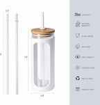 Kodrine 20oz Glass Water Bottle with Straw and Lid,Bamboo Lids Water Tumbler Iced Coffee Cup Reusable Wide Mouth