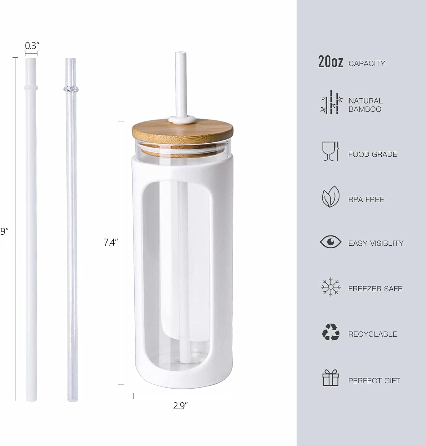 Kodrine 20oz Glass Water Bottle with Straw and Lid,Bamboo Lids Water Tumbler, Iced Coffee Cup Reusable, Wide Mouth Smoothies Cup, Straw Silicone Protective Sleeve BPA FREE-White+Amber-2pack