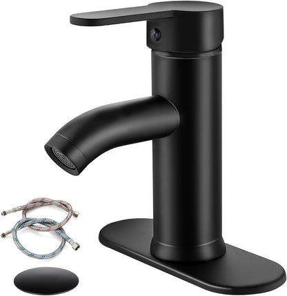 Scratch gotonovo Bathroom Sink Faucet Lavatory Vanity Mixer Bar Tap Combo Single Hole Single Handle Deck Mount with Water Supply Lines Matte Black Short with ABS Pop Up Drain