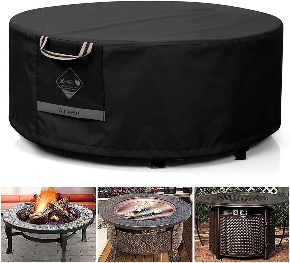 QH.HOME Fire Pit Cover Round Super Waterproof, 44" D X 24" H Outdoor Round Firepit Cover 600D Strong Tear Resistant, UPF 50+ Fire Pit Covers Premium Fading Resistant for Outdoor Round Fire Pit - Black