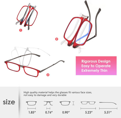 Evolved Folding Reading Glasses For Women Men Blue Light Blocking Anti UV Eyestrain Foldable Portable Compact Readers with Flat Hard Case Pocket Computer glasses 2.0 RED