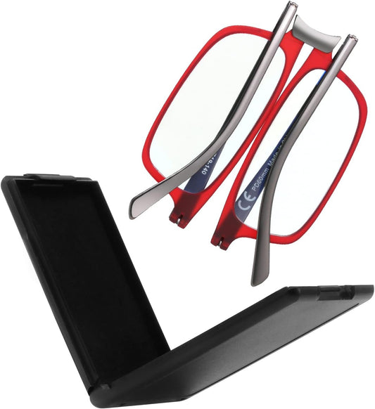 Evolved Folding Reading Glasses For Women Men Blue Light Blocking Anti UV Eyestrain Foldable Portable Compact Readers with Flat Hard Case Pocket Computer glasses 2.0 RED