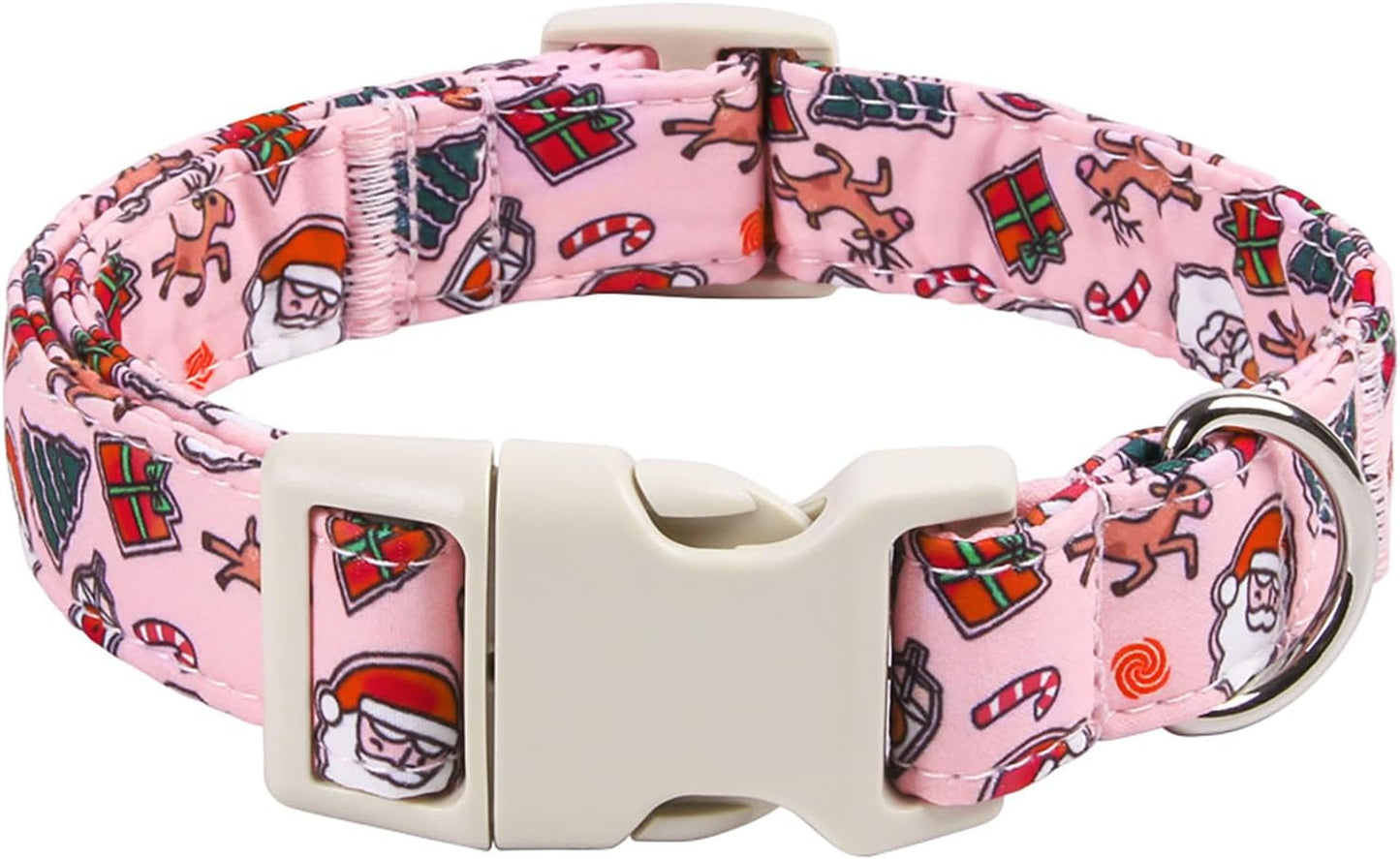 Christmas Dog Collar for Small Dogs，Adjustable Cotton Pink Elk Dog Collars Santa Claus Puppy Collar for Male Female Boy and Girl Dogs, S