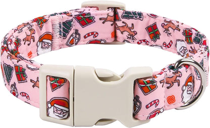 Christmas Dog Collar for Small Dogs，Adjustable Cotton Pink Elk Dog Collars Santa Claus Puppy Collar for Male Female Boy and Girl Dogs, S