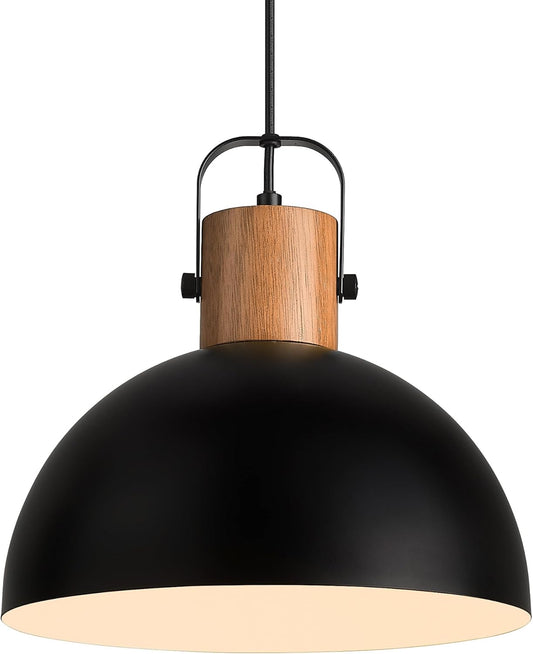 ELYONA Dome Pendant Light for Kitchen Island 12" Modern Hanging Lamp Rubber Wood Matte Black Metal Shade