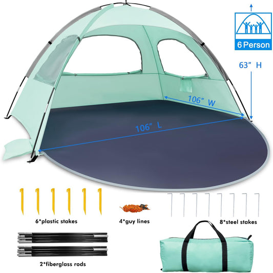 WhiteFang Beach Tent Anti-UV Portable Sun Shade Shelter for 6 Person, Extendable Floor with 3 Ventilating Mesh Windows Plus Carrying Bag, Stakes and Guy Lines