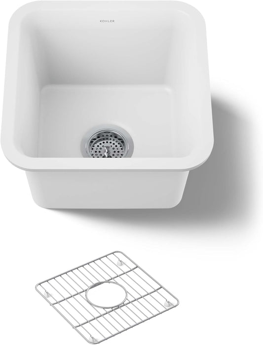 KOHLER K-8223-CM6 Cairn 15.5" Neoroc Composite Undermount Single-Bowl Bar Sink, Composite Bar Sink with Sink Rack, Matte White