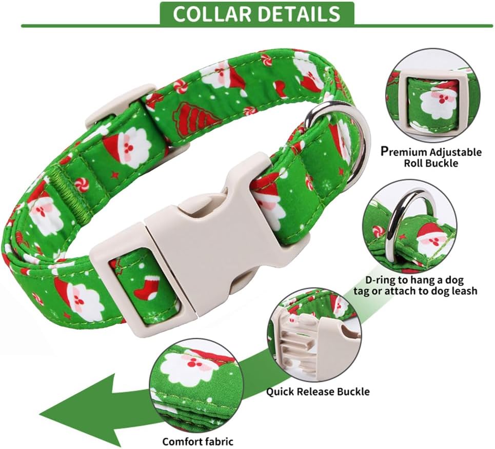 Christmas Dog Collar for Small Dogs，Adjustable Cotton Green Dog Collars Cute Santa Claus Puppy Collar for Male Female