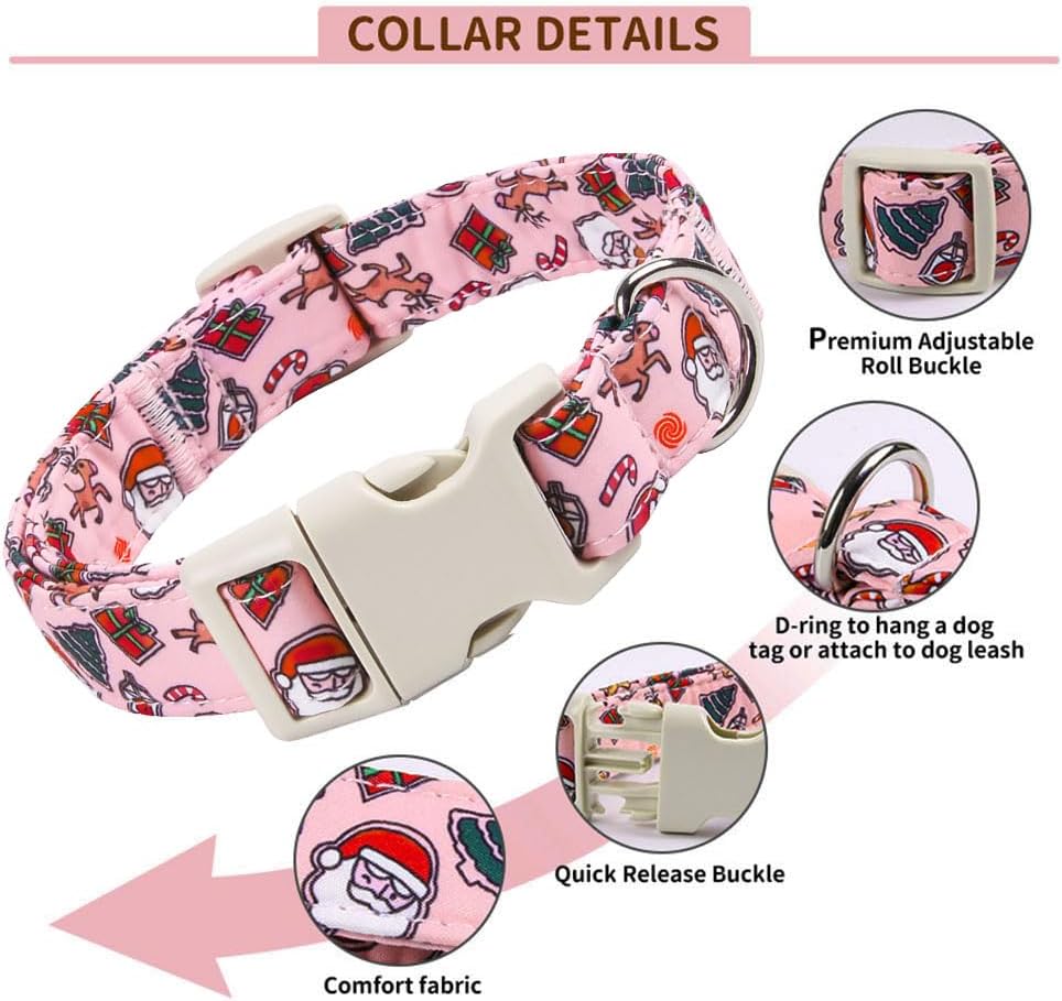 Christmas Dog Collar for Small Dogs，Adjustable Cotton Pink Elk Dog Collars Santa Claus Puppy Collar for Male Female Boy
