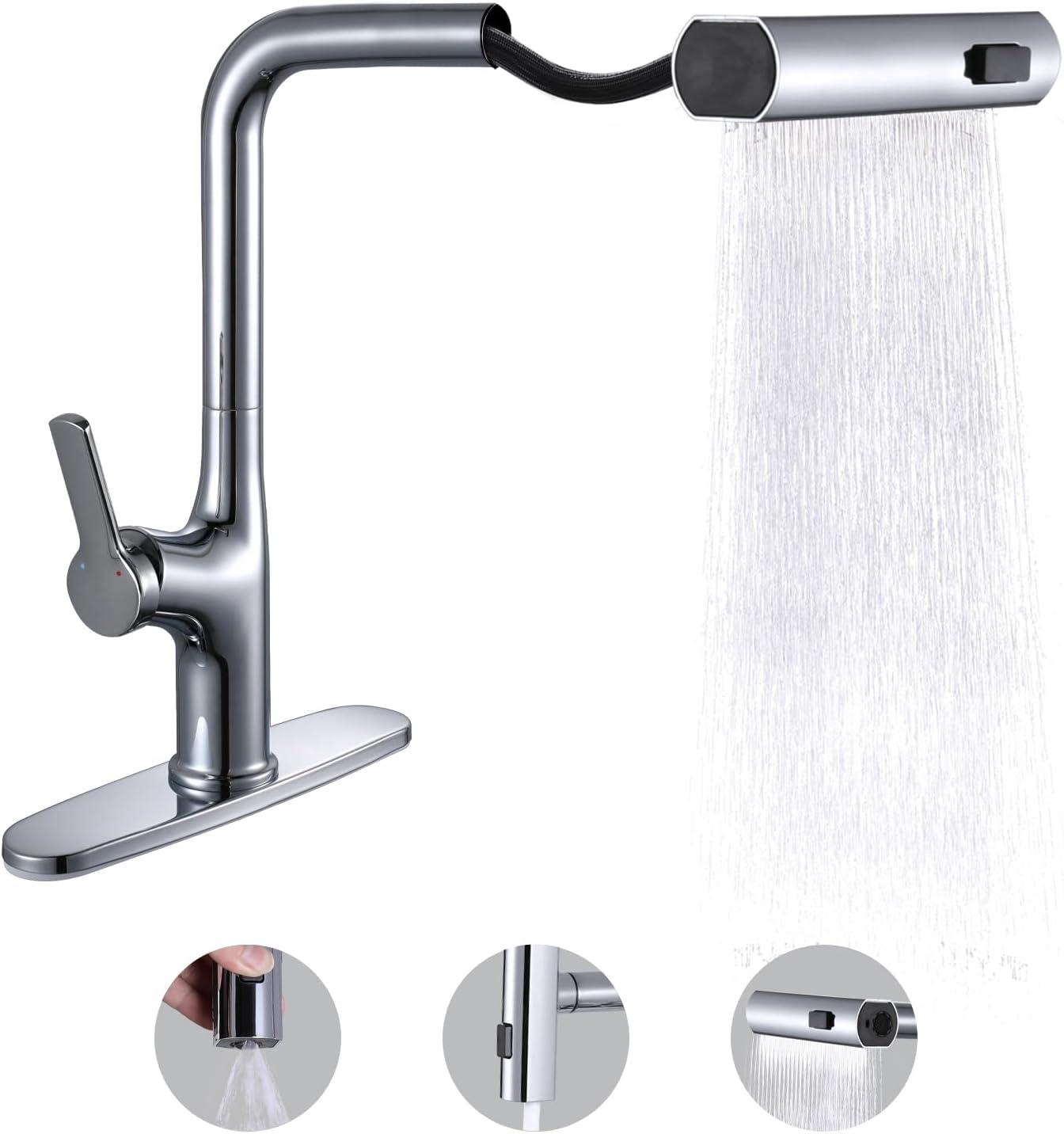 Waterfall Kitchen Faucet with Pull Down Sprayer Kitchen Sink Faucet with Sprayer - 3 Modes Chrome Modern Kitchen Faucets