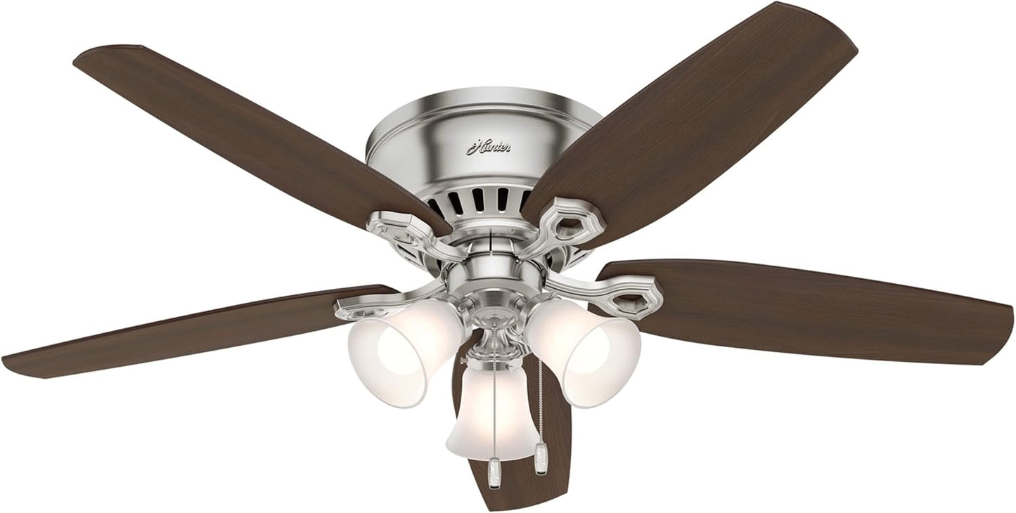 Hunter 52 inch Indoor Ceiling Fan with LED Lights - Ceiling Fan with Pull Chain, For Bedroom, Living Room, or Kitchen, Low Profile Mount, No Remote, 5 Blades - Builder 53328, Brushed Nickel