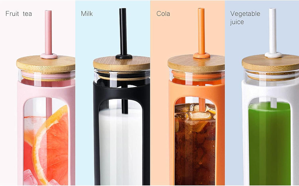 Kodrine 20oz Glass Water Bottle with Straw and Lid,Bamboo Lids Water Tumbler Iced Coffee Cup Reusable Wide Mouth