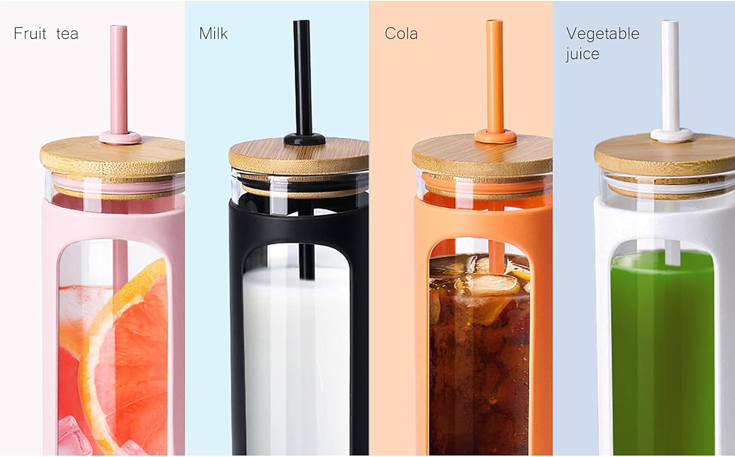 Kodrine 20oz Glass Water Bottle with Straw and Lid,Bamboo Lids Water Tumbler Iced Coffee Cup Reusable Wide Mouth