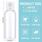 Maxdot 300 Pcs Hand Sanitizer Bottles with Flip Cover 1.7 Oz/ 50 ml Small PET Plastic Empty Bottles Squeezable Mini