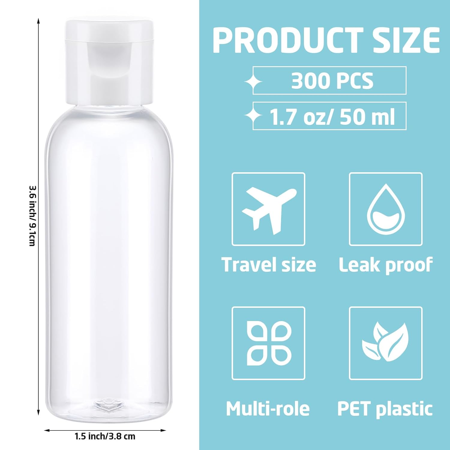 Maxdot 300 Pcs Hand Sanitizer Bottles with Flip Cover 1.7 Oz/ 50 ml Small PET Plastic Empty Bottles Squeezable Mini