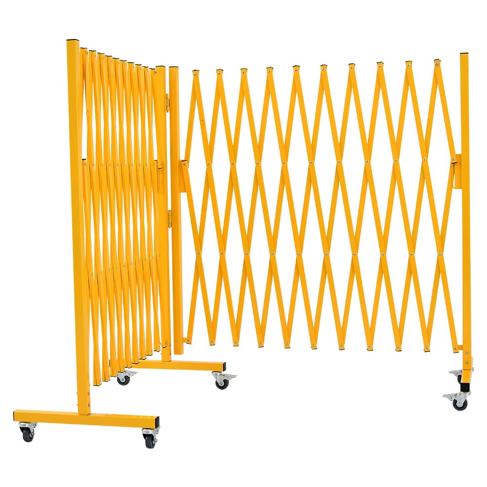 Metal Expandable Barricade, 0-180 Degree Rotating, Portable Safety Barrier with Casters, Mobile Folding Scissor Gate, 23.6 Feet, Yellow, Aluminum Retractable Fence, Indoors Outdoors