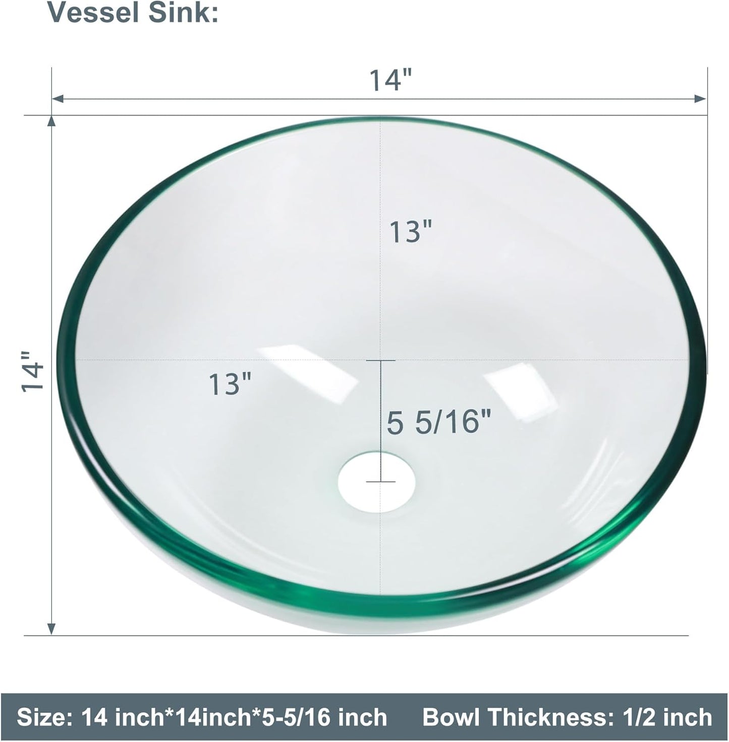 Lordear 14 x 14 Inch Artistic Vessel Sink Bathroom Vessel Sink Round Clear Tempered Glass Vanity Round Bowl with Pop-up Drain Combo Countertop Basin