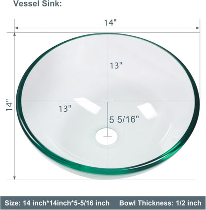 Lordear 14 x 14 Inch Artistic Vessel Sink Bathroom Vessel Sink Round Clear Tempered Glass Vanity Round Bowl with Pop-up Drain Combo Countertop Basin