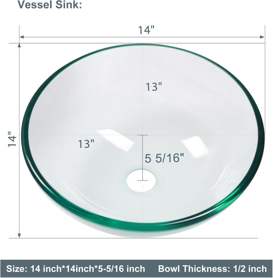 Lordear 14 x 14 Inch Artistic Vessel Sink Bathroom Vessel Sink Round Clear Tempered Glass Vanity Round Bowl with Pop-up Drain Combo Countertop Basin