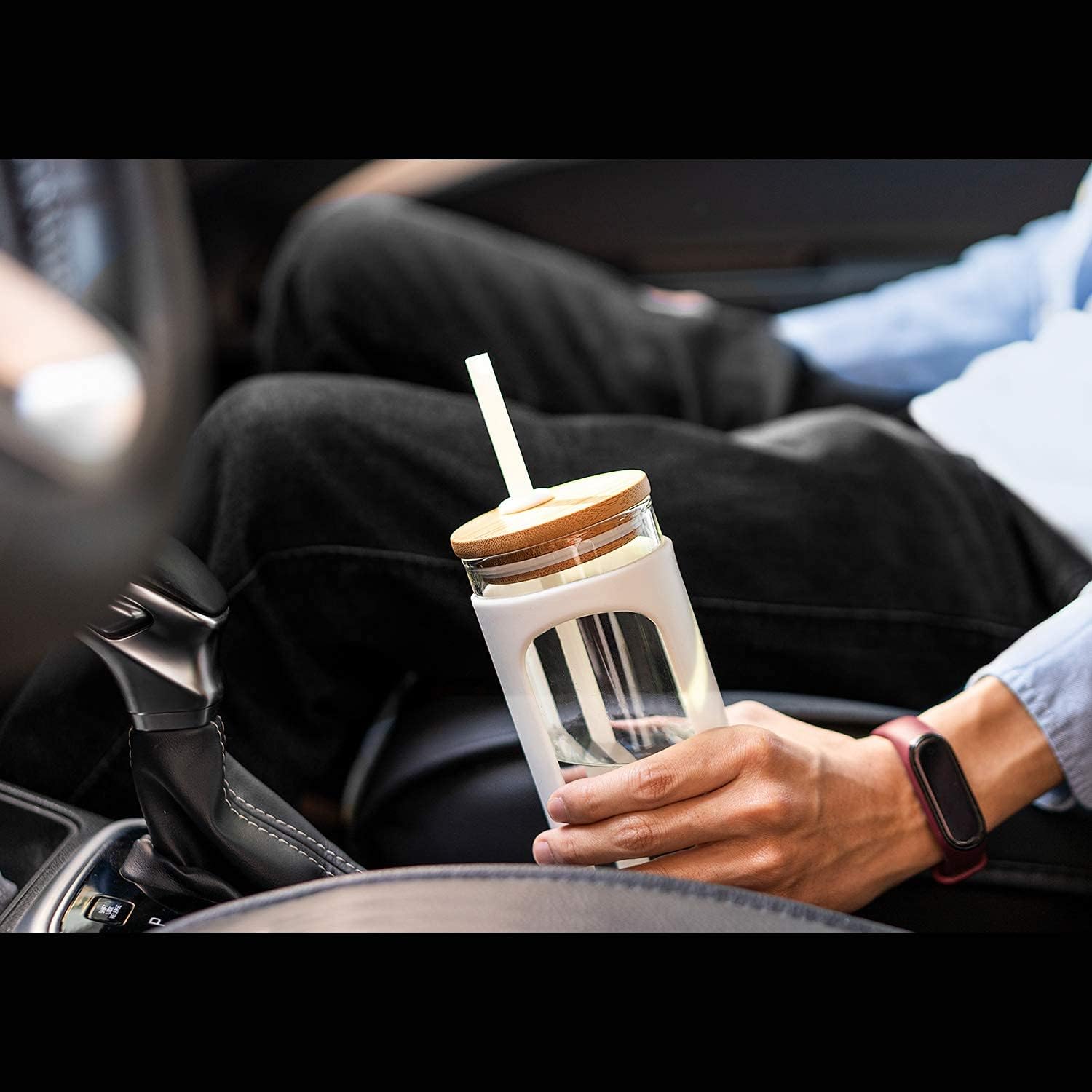 Kodrine 20oz Glass Water Bottle with Straw and Lid,Bamboo Lids Water Tumbler Iced Coffee Cup Reusable Wide Mouth
