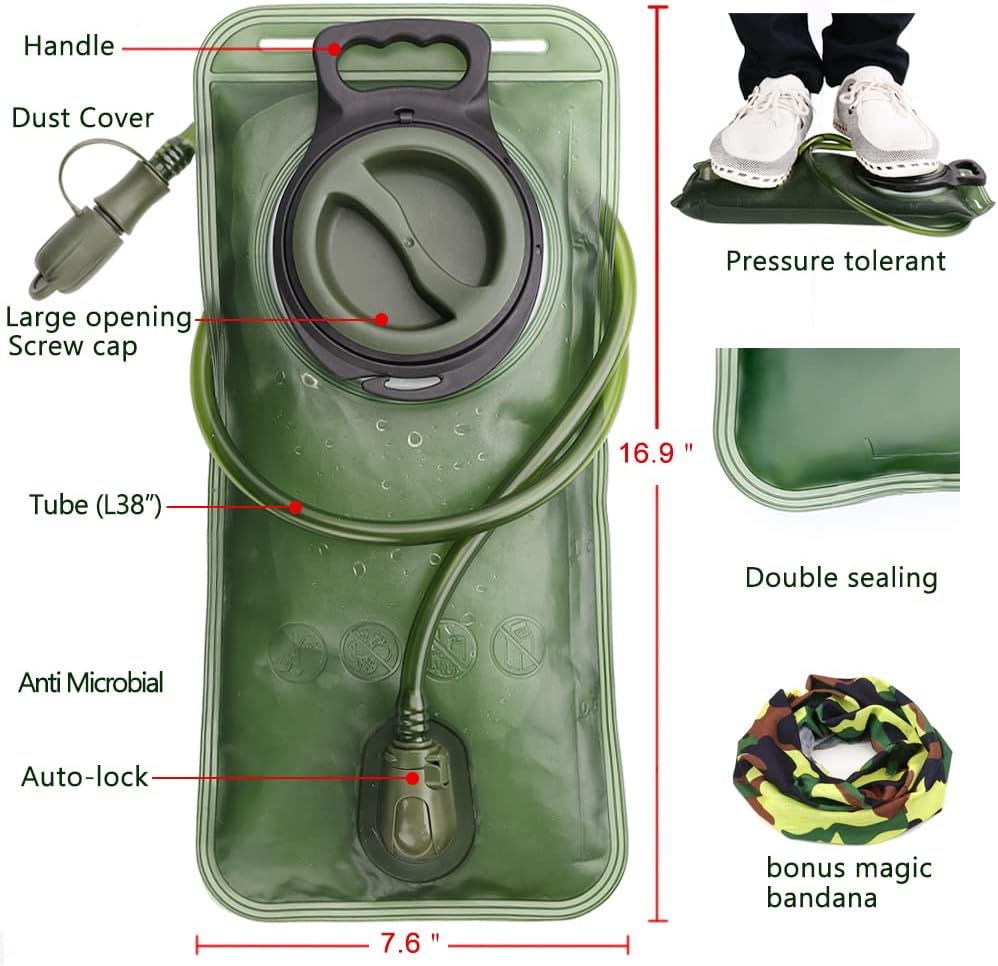 Hydration Bladder, 1.5L-2L-3L Water Bladder for Hiking Backpack Leak Proof Water Reservoir Storage Bag, BPA-Free Water Pouch Hydration Pack for Camping Cycling Running, Military Green 1.5-2-3 Liter