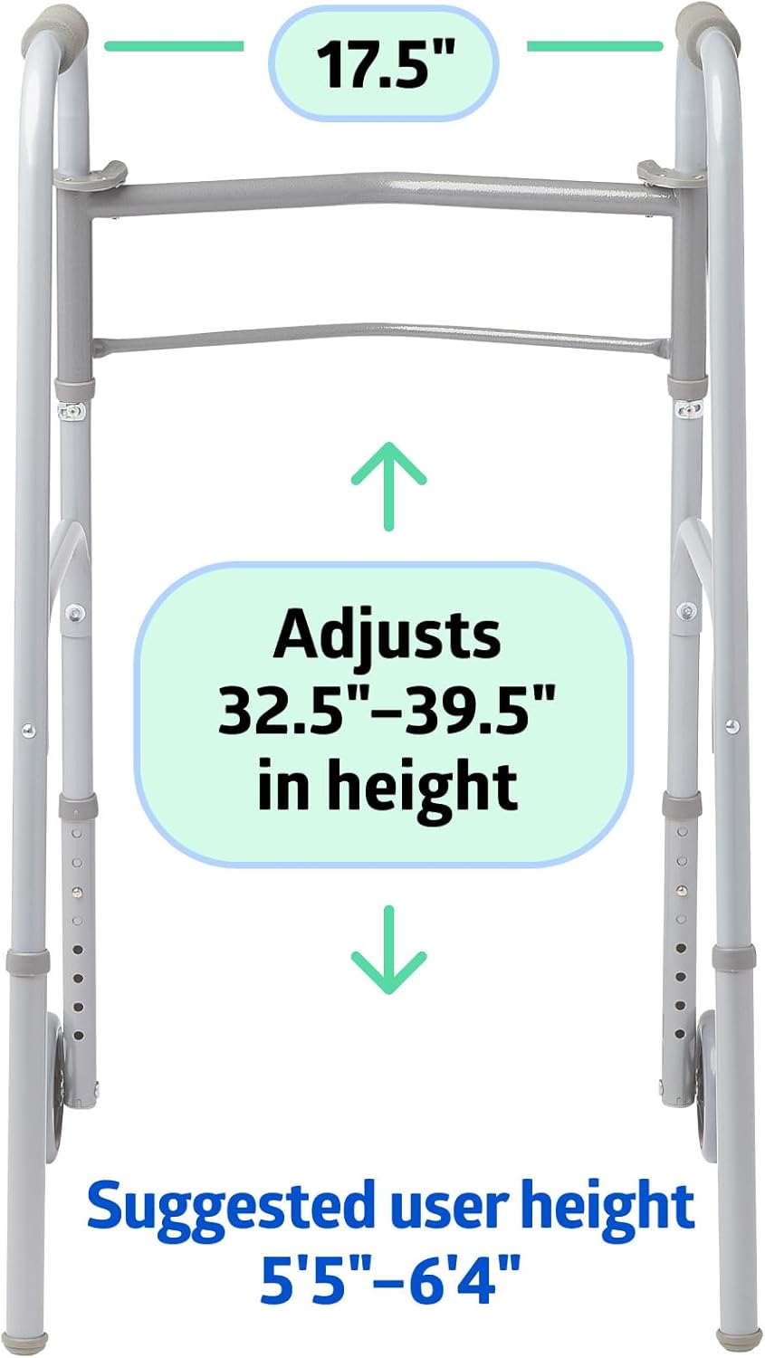 Medline Lightweight Folding Walkers for Seniors Adults with 5” Wheels Steel Frame Supports up to 400 lbs. - *Health &