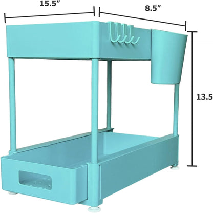 Under Sink Organizers and Storage, 2 Tier Cabinet Organizer with Sliding Pull Out Drawer, Multi-purpose Under Sink Organizer Shelf With Hooks for Bathroom Kitchen