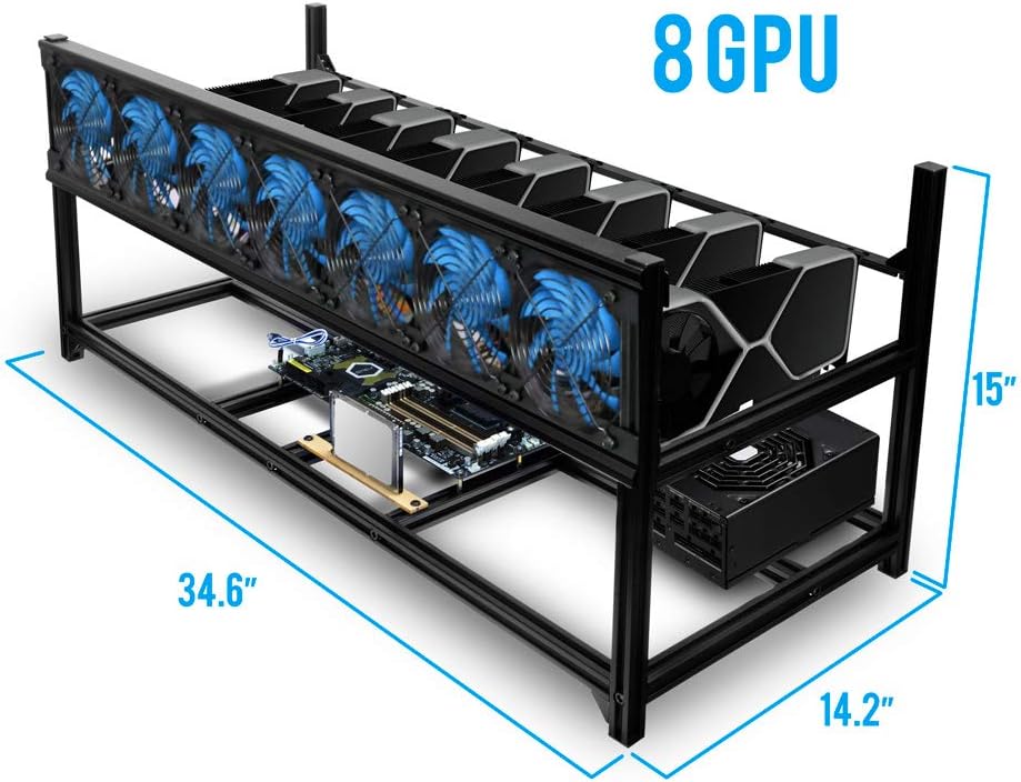 Kingwin 8 GPU Miner Rig Case Frame – Premium Stackable Aluminum Mining Rig Enclosure for Efficient Crypto Mining, Test Bench PC Case.