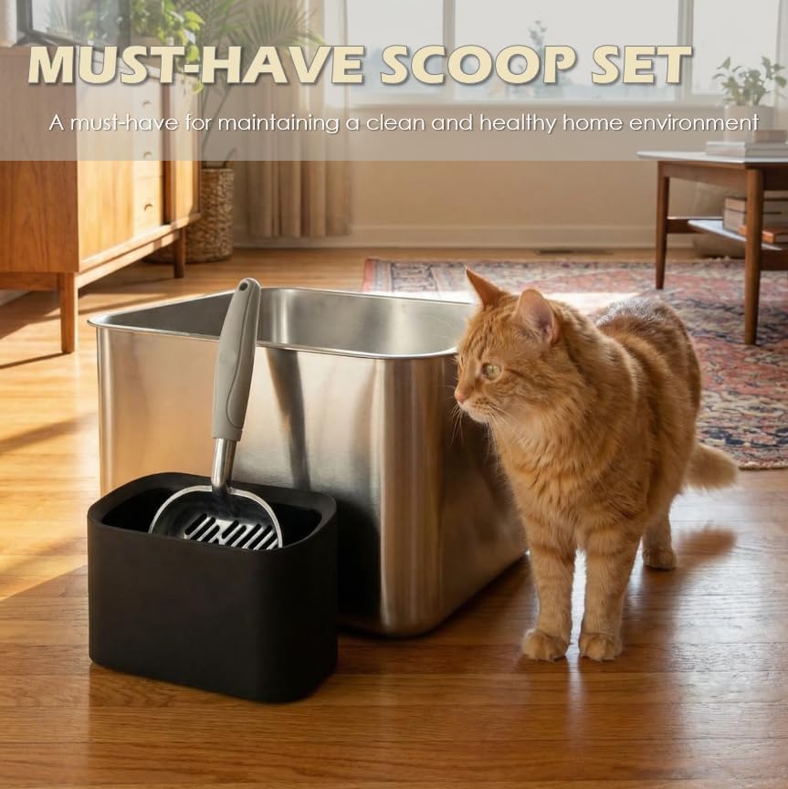 Vitisyao Metal Cat Litter Scoop with Holder, Aluminum Cats Litter Scooper Captures All Clumps, Heavy Duty Metal Kitty Scoopers with Holder, Cat Metal Scoop and Holder (Black)