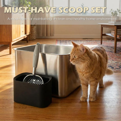 Vitisyao Metal Cat Litter Scoop with Holder, Aluminum Cats Litter Scooper Captures All Clumps, Heavy Duty Metal Kitty Scoopers with Holder, Cat Metal Scoop and Holder (Black)