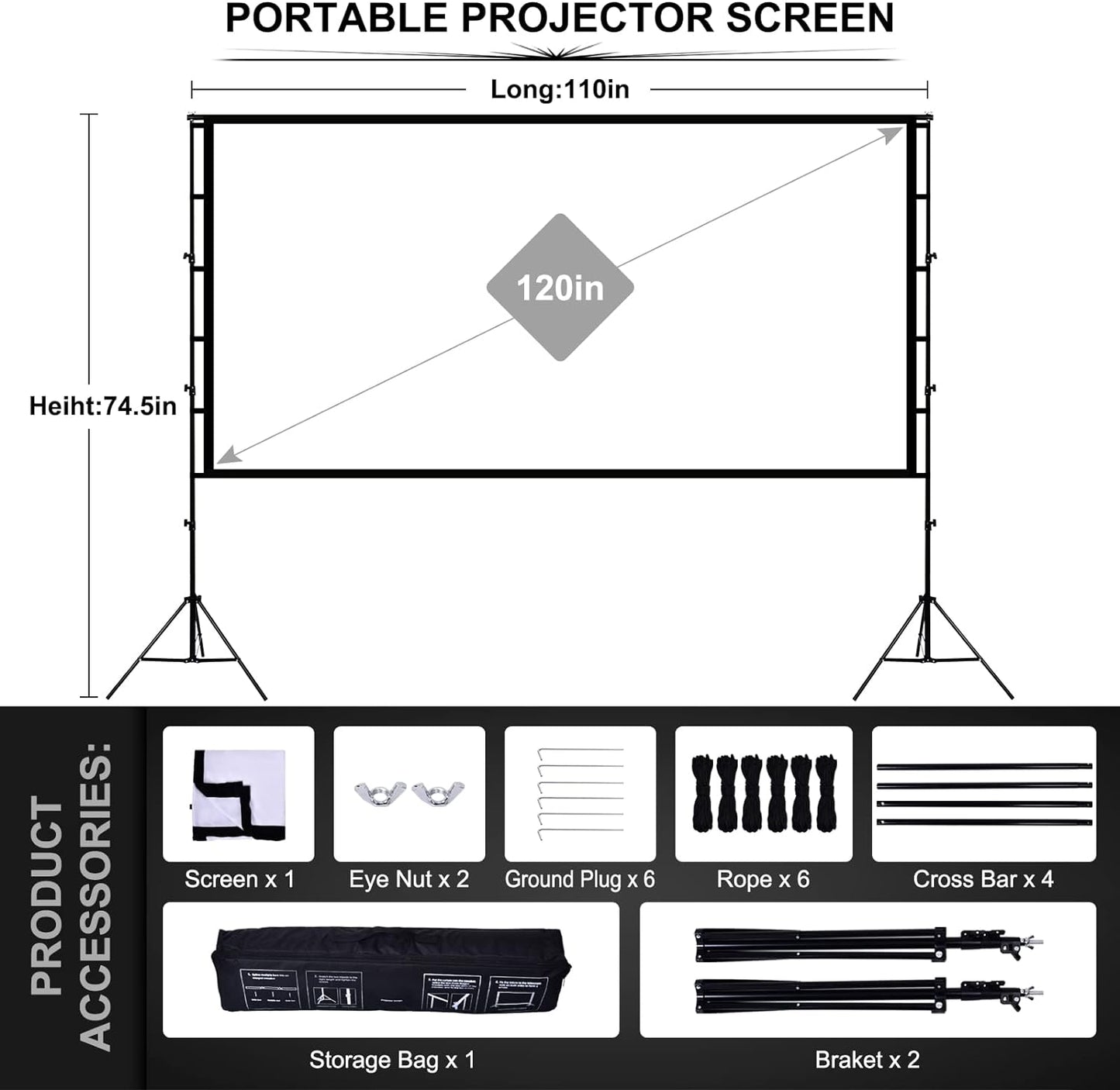 Large 120 Inch Portable Projector Screen with Stand, Assemblable and Detachable Movie Projection Screen Outdoor & Indoor