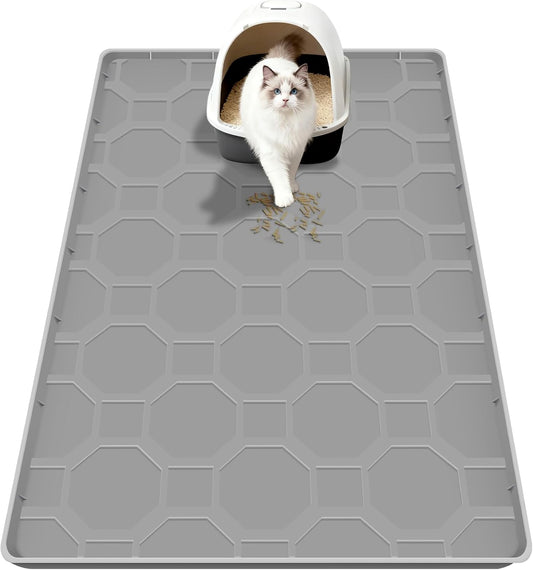 Silicone Cat Litter Box Mat, Large Pet Feeding Mat, Kitty Litter Trapping Matt for Cat, Dog Food and Water Bowl Mats with High Lips, Waterproof Dish Mat for Sloppy Drinkers Floor Indoor (22"X34")