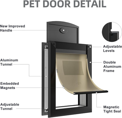 Classicmacher Large Dog Door for Door, Heavy Duty Dog Door with Aluminum Frame and Telescoping Tunnel, Single Magnetic Flaps and Two Sliding Lock Panels,Up to 110lbs(Dull Black,Large)