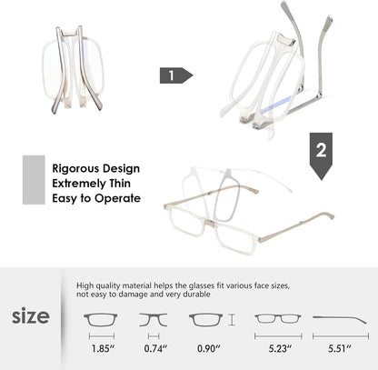 Unbreakable Evolved Folding Reading Glasses For Women Men Blue Light Blocking Anti UV Eyestrain Foldable Portable Compact Readers with Flat Hard Case Pocket Computer glasses 1.75 CLEAR