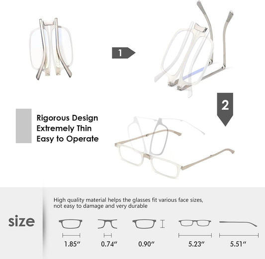 Unbreakable Evolved Folding Reading Glasses For Women Men Blue Light Blocking Anti UV Eyestrain Foldable Portable Compact Readers with Flat Hard Case Pocket Computer glasses 1.75 CLEAR