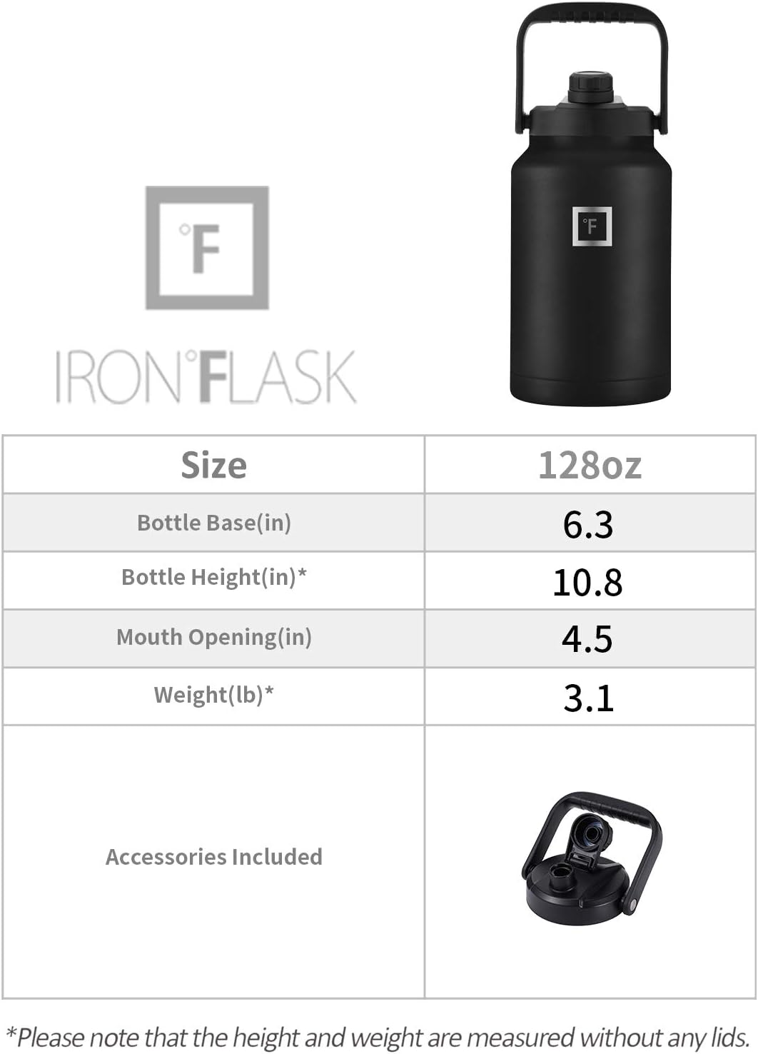 IRON °FLASK Sports Water Bottle - 128 Oz/One Gallon,1 Lid, Vacuum Insulated Stainless Steel, Hot Cold, Double Walled, Thermo Mug, Metal Canteen Jug Growler (Sky)