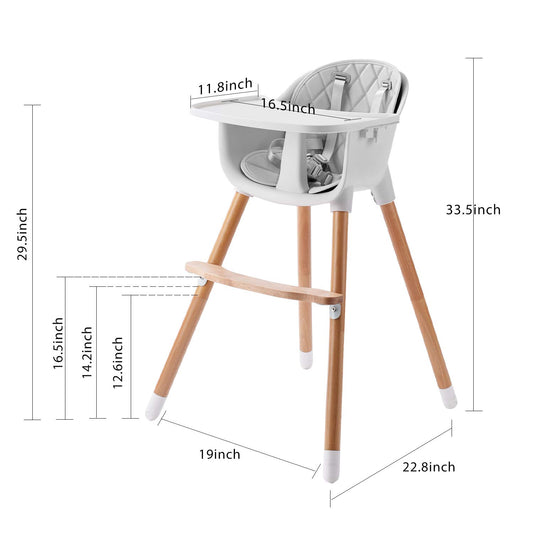 KARE Wooden Natural Baby High Chair W/Removable Tray & Safety Harness, 3-in-1 Infant Highchair/Booster/Kid Chair | Grows with Your Child | Adjustable Legs | Modern Wood Design (Gray)