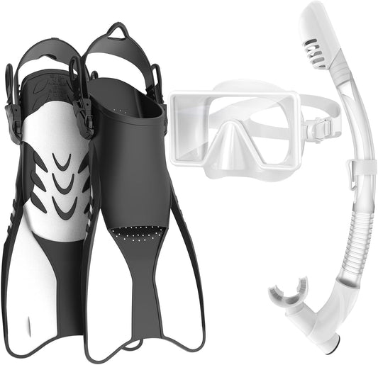 Snorkeling Gear for Adults with Fins, Snorkel Mask Set, Dry Top Snorkel, 180° Panoramic Anti-Leak, Anti-Fog, Food Grade Silicone, Swimming Scuba Diving, L/XL, White