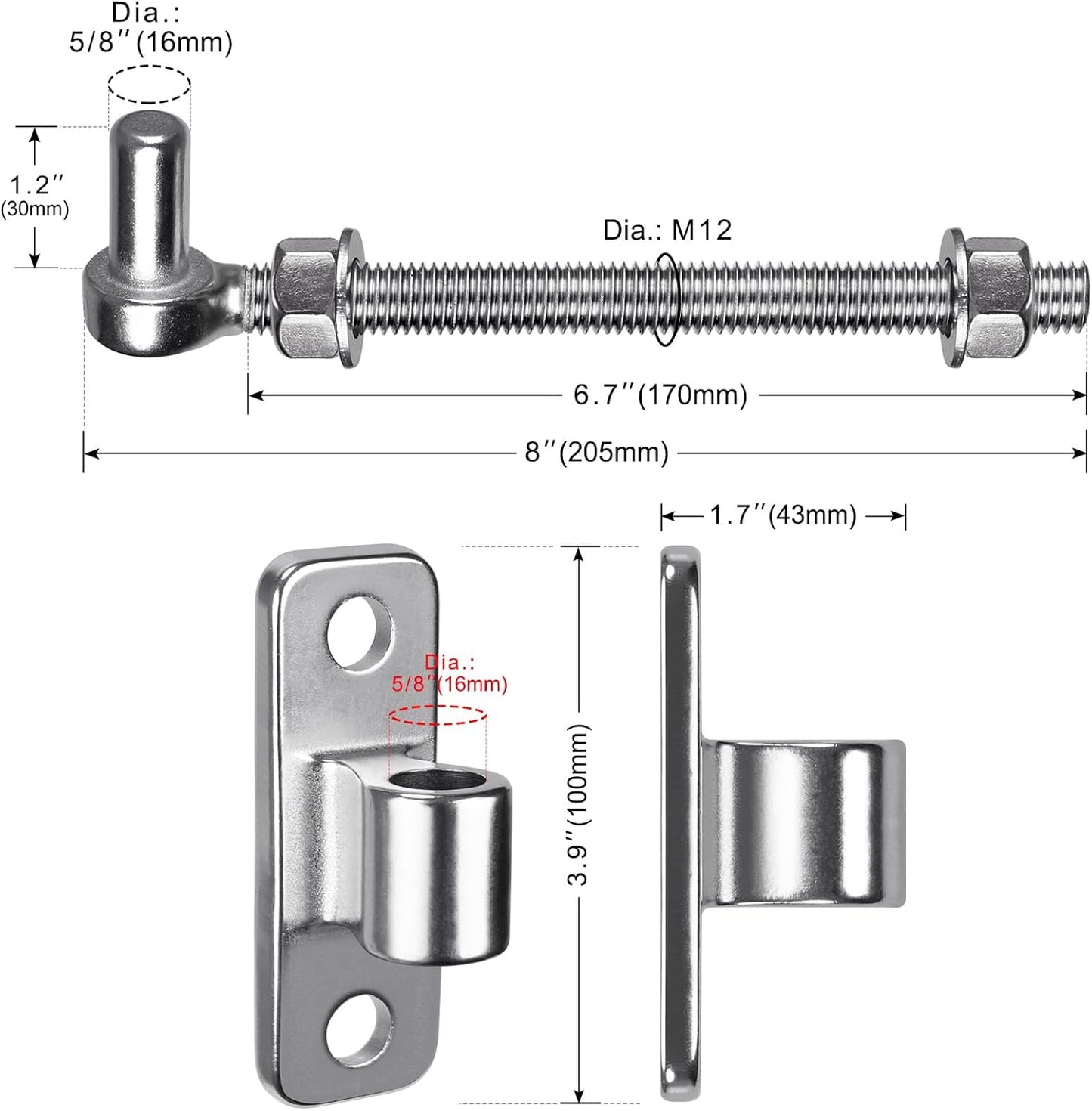 Cast Gate Hinges, Heavy Duty Gate Hinge for Wood Fence, 304 Stainless Steel Gate Hinges Heavy Duty, One Piece with Non-Weld Wood Gate Hinges, 8''J Bolt Gate Hinge for Farm Gate, 6Pack