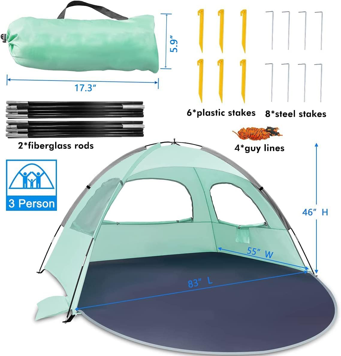 WhiteFang Beach Tent Anti-UV Portable Sun Shade Shelter for 3 Person, Extendable Floor with 3 Ventilating Mesh Windows Plus Carrying Bag, Stakes and Guy Lines (Copy)