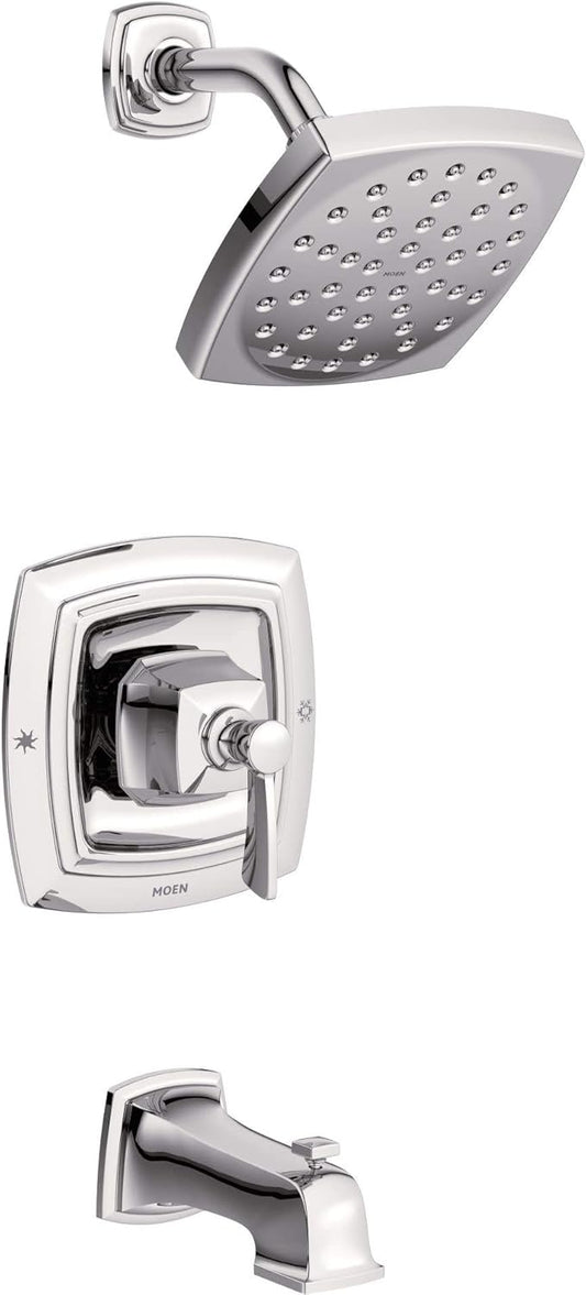 Moen Conway Chrome Posi-Temp Tub and Shower Trim Set Featuring Square Showerhead, Shower Lever Handle, and Tub Spout, Valve Included, 82922