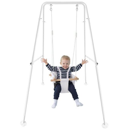 CaTeam - Canvas Baby Swing with stand, Wooden Hanging Swing Seat Chair with Safety Belt, Durable Baby Swing Chair, Outdoor and Indoor Swing for Kids, Ivory