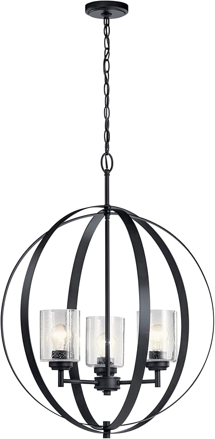 Kichler Winslow 3-Light Pendant Chandelier with Clear Seeded Glass, Kitchen Island Hanging Light Fixture in Black Dining Room, Bar, Entryway (30.75" x 24.5"), 44034BK