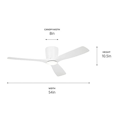 Kichler Volos 54” Ceiling Fan with Light in Matte White, Small Indoor Modern Fan with Quiet Motor and Sleek 3-Blade Design, 300154MWH