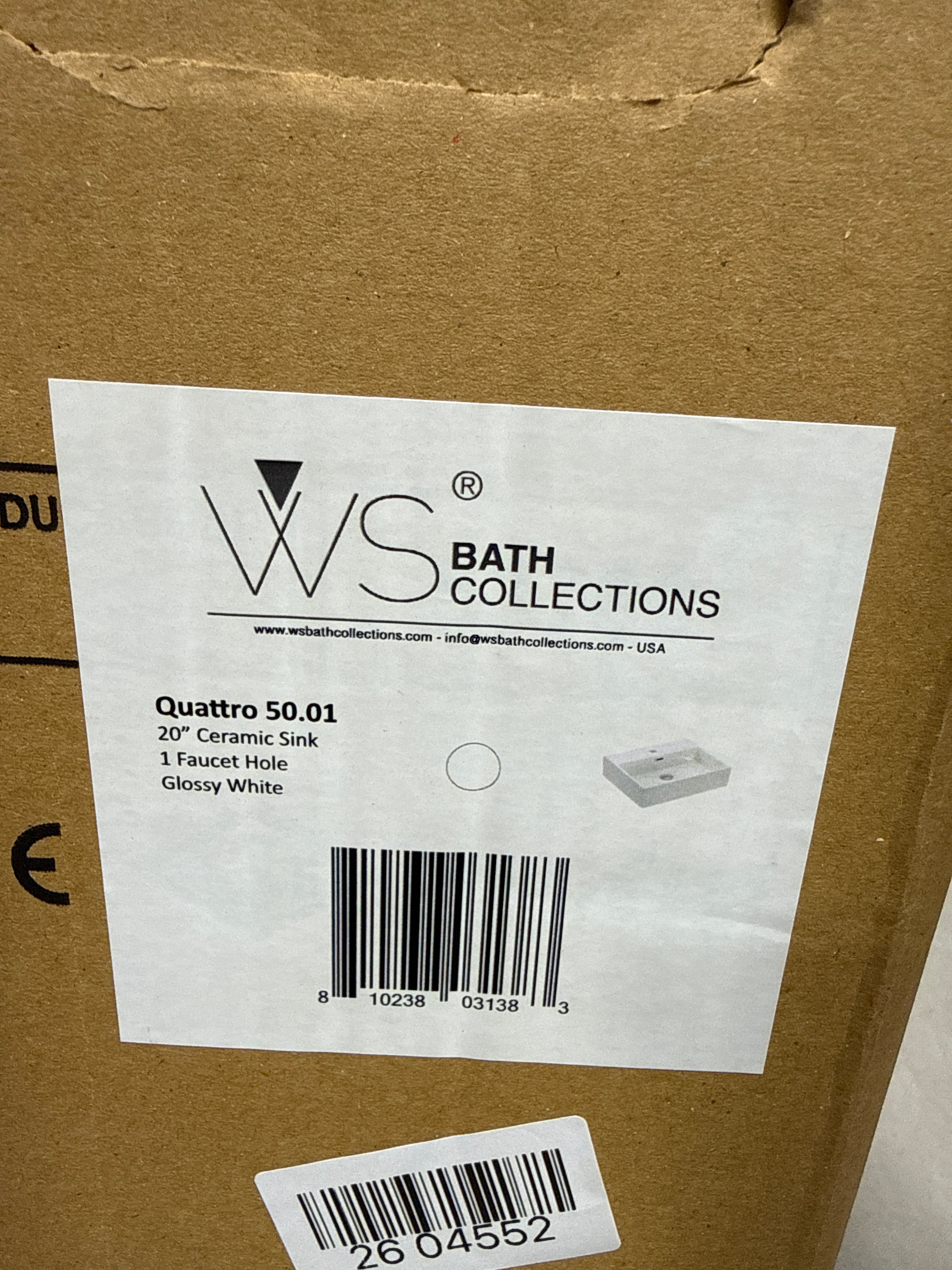 WS Bath Collections Quattro 50.01 Ceramic Above Counter/Wall Mount Rectangular Bathroom Sink, 19.5'' L x 16.5'' W x 5.5'' H, White